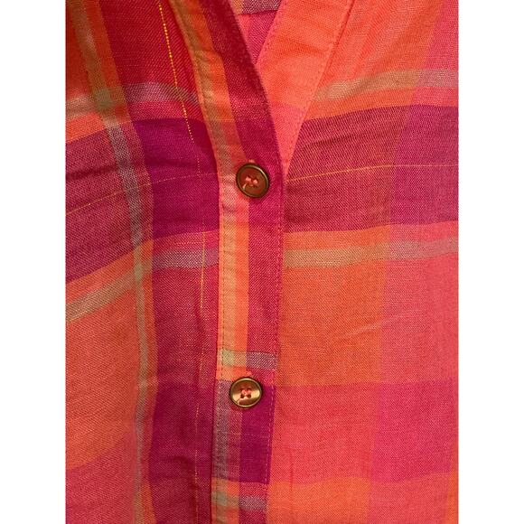 Catherine’s Linen Top Women 5X Pink Orange Metallic Plaid Button Up Lightweight - Picture 3 of 7